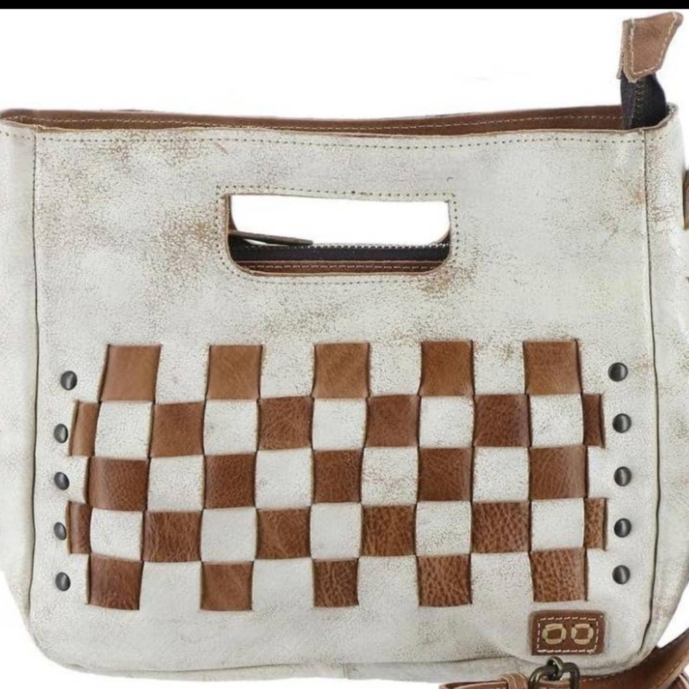 BED STU KEIKI Nectar Lux Tan Rustic White and Brown Checkered Clutch